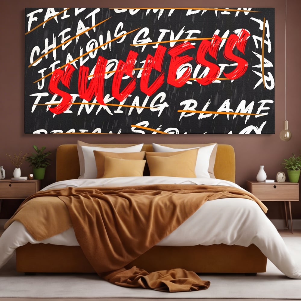 Tablou canvas cu tablou motivational negru cu text rosu, fara rama, pe sasiu de lemn, pe perete intr-un dormitor
